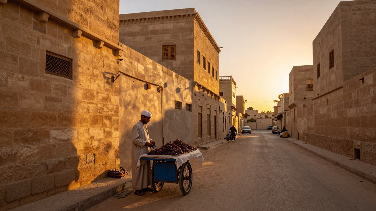 Luxor Sunset Street Scene with Local Vendor and Traditional Architecture in in Luxor, Egypt