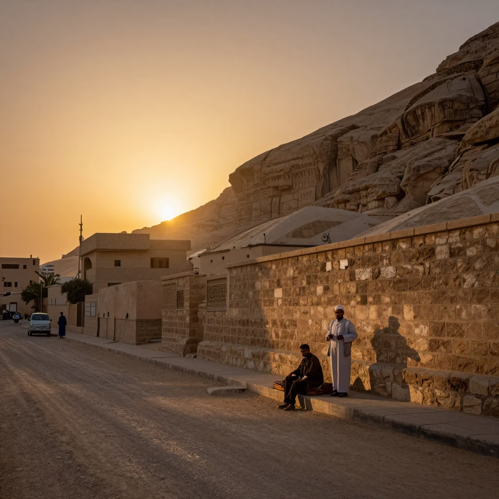 Luxor Sunset Street Scene with Local Vendor and Traditional Bread in Egypt in in Luxor, Egypt