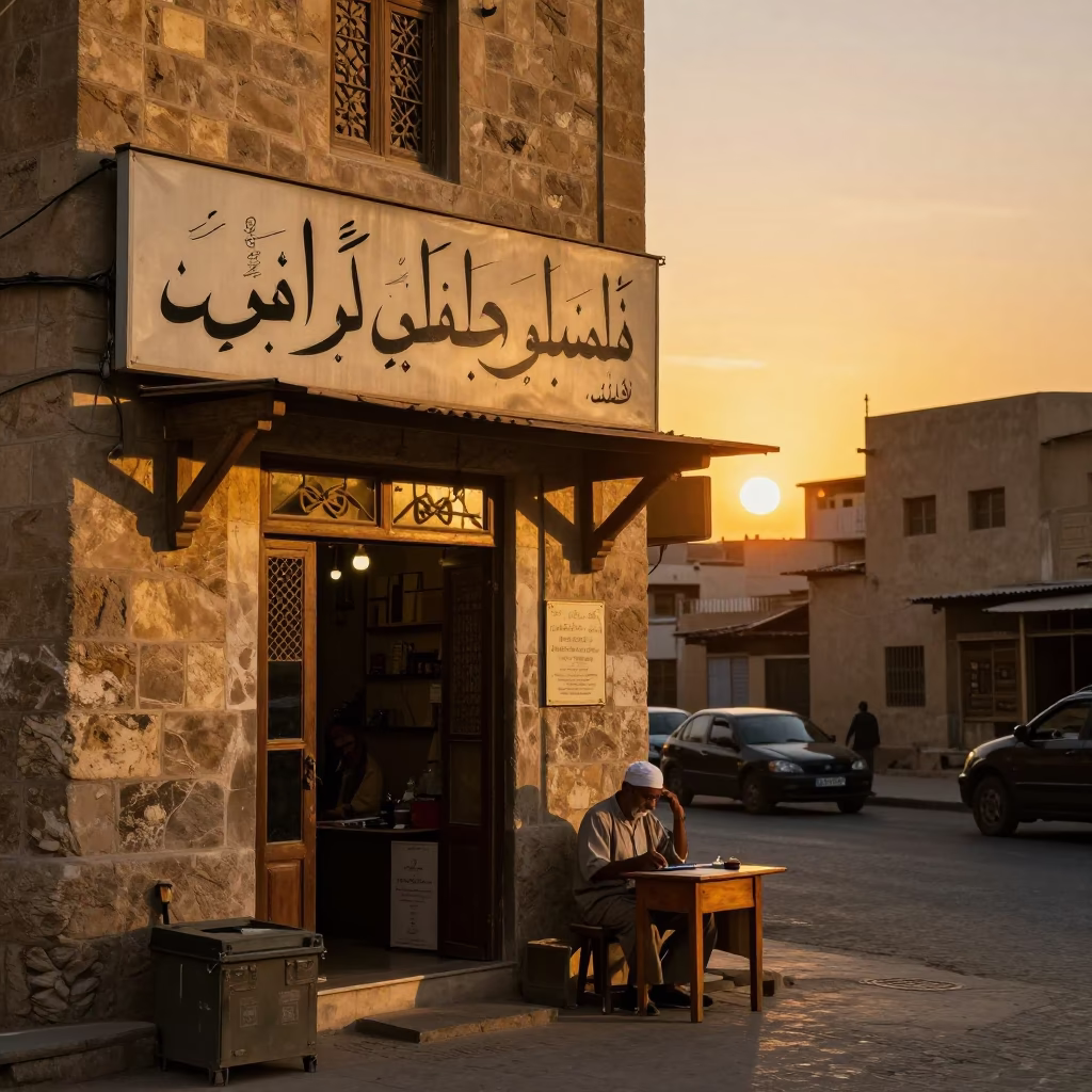 Luxor Sunset Street Scene with Traditional Calligraphy and Local Market Life in in Luxor, Egypt
