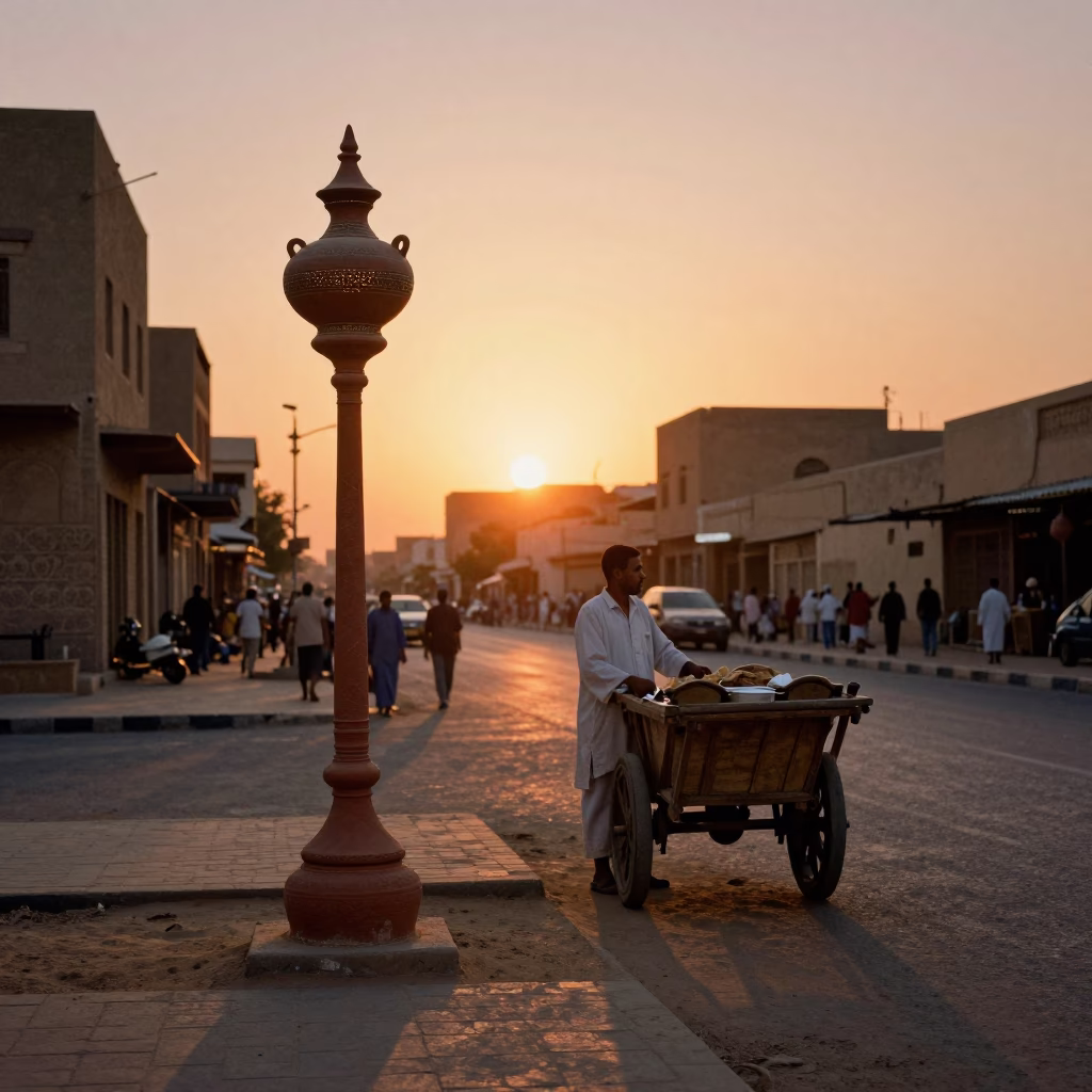 Luxor Sunset Street Scene with Traditional Clay Oil Lamp and Linen Textiles in in Luxor, Egypt