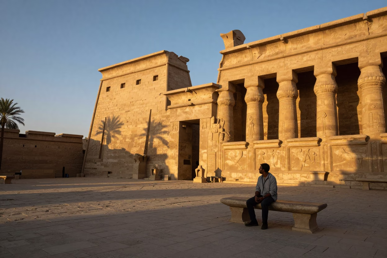 Luxor Sunset Street Scene with Traveler Resting Near Ancient Temple Columns in in Luxor, Egypt