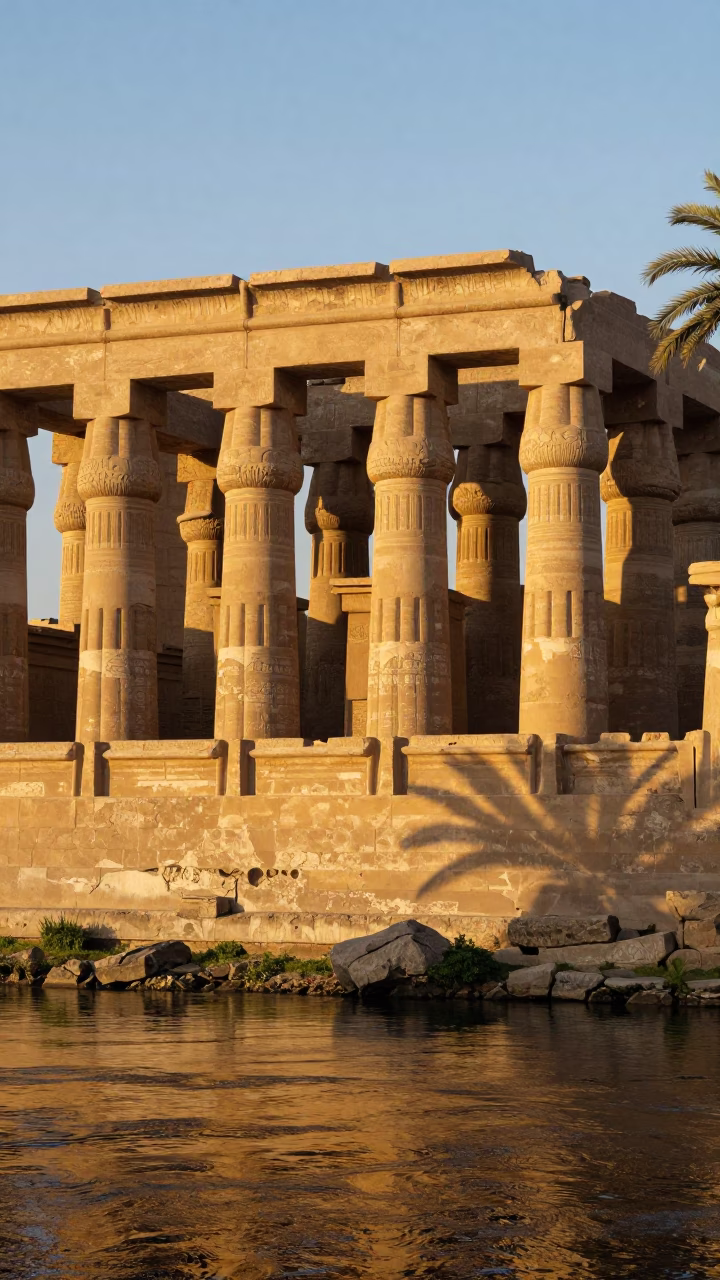Luxor Sunset View of Ancient Temple Columns and River Life in Egypt in in Luxor, Egypt