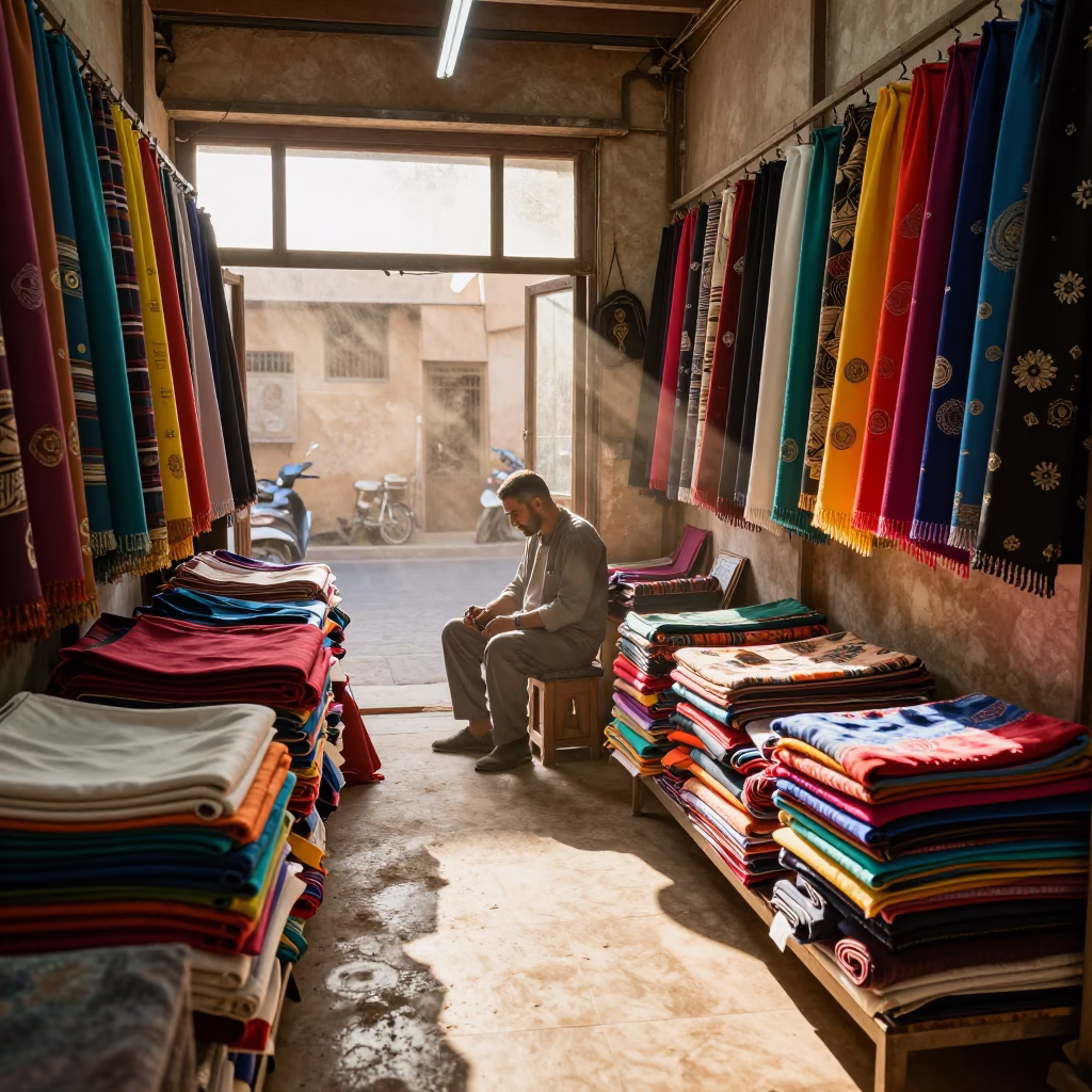 Luxor tailor shop late afternoon light with colorful fabrics and tools in in Luxor, Egypt