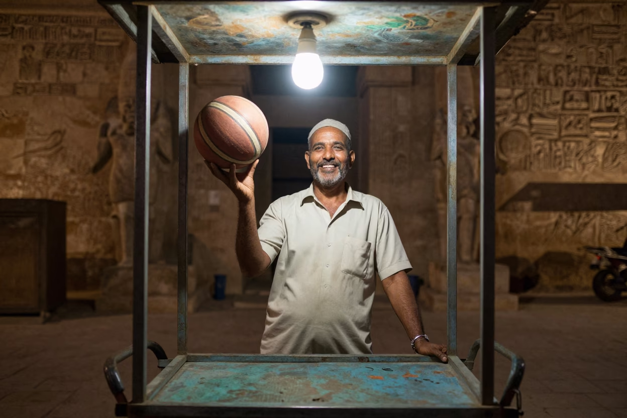 Luxor Vendor Smiling at Deep In The Night Light in in Luxor, Egypt