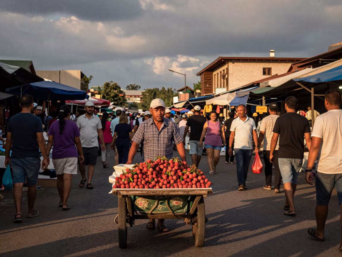 Lychee Hawker in Petropavl Before Dusk in at a market stall in Petropavl