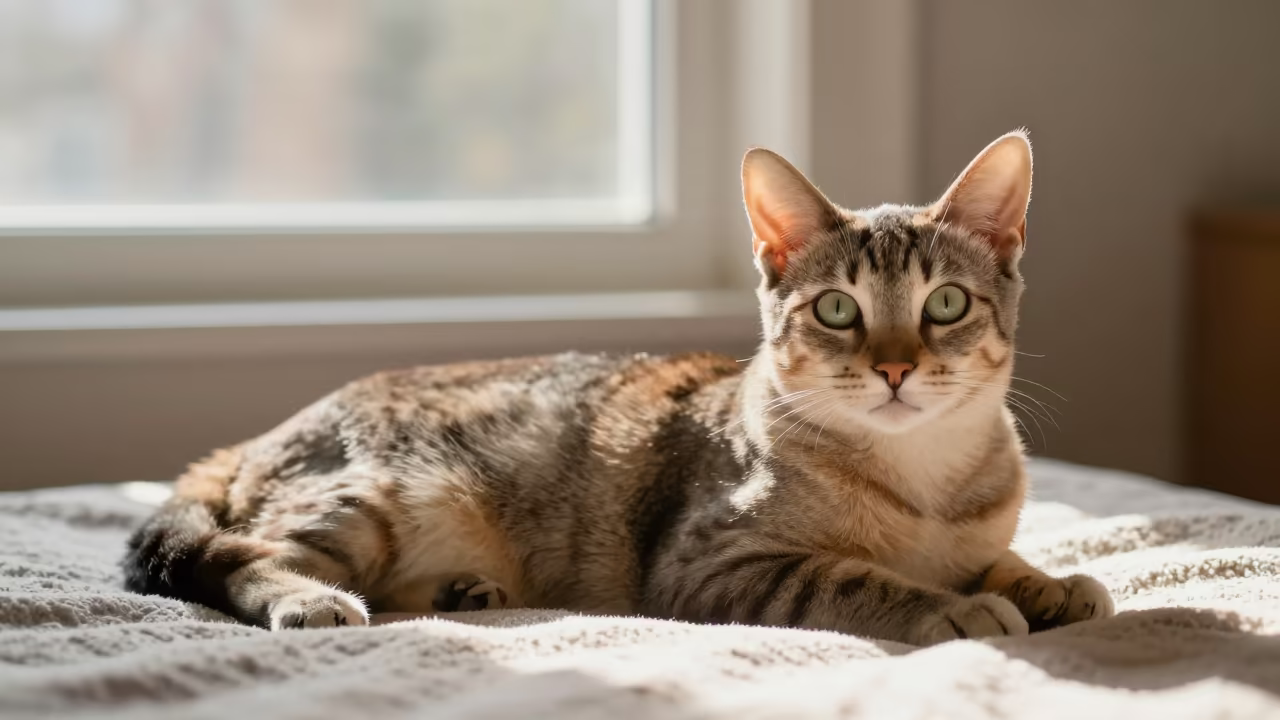 Lykoi Cat Lounging on Bedspread Near Window in on a bedspread near a bright window with calm indoor light near Trier