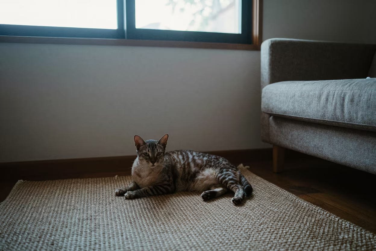 Lykoi Cat Lounging on Woven Rug in on a woven rug beside a low couch and an uncluttered wall in Franceville