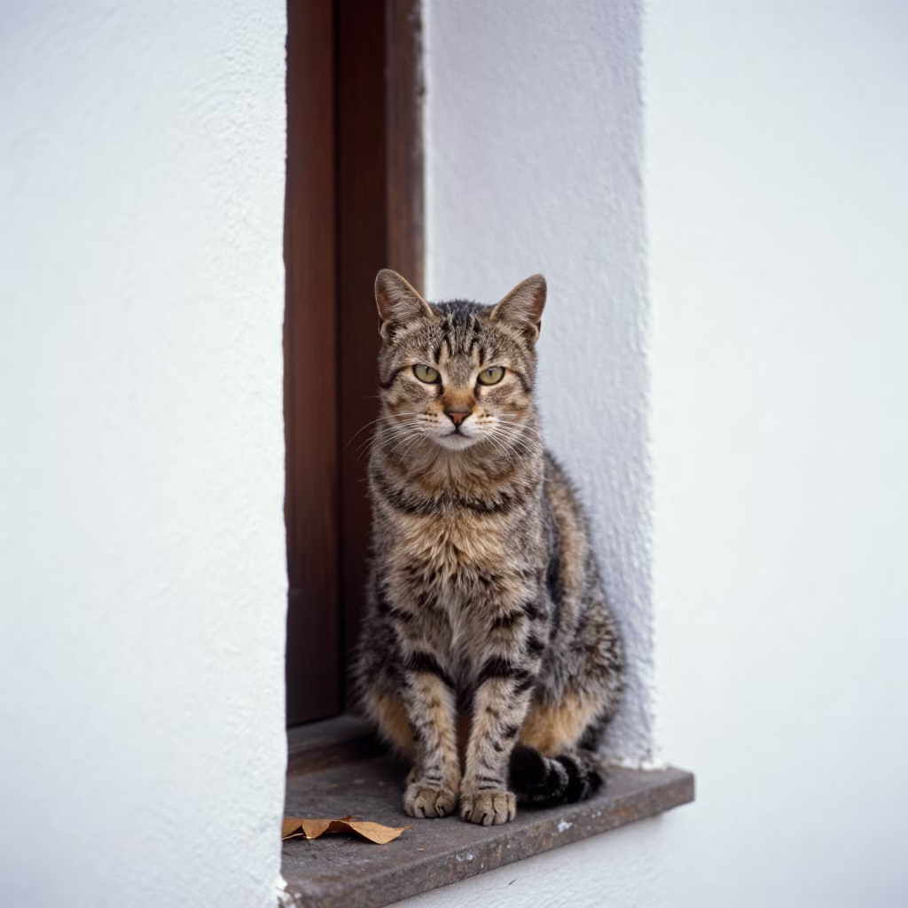 Lykoi Cat on Courtyard Wall in San Cristóbal in beside a plain courtyard wall in clear daylight with the animal at eye level in San Cristóbal