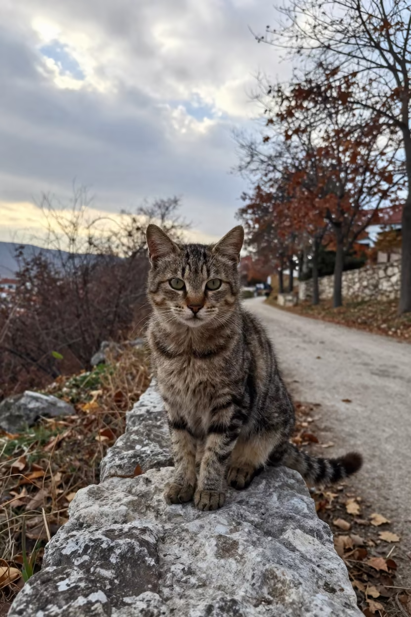Lykoi Cat on Isparta Wall Before Dawn in along a quiet park path with soft open shade and a clean background in Isparta