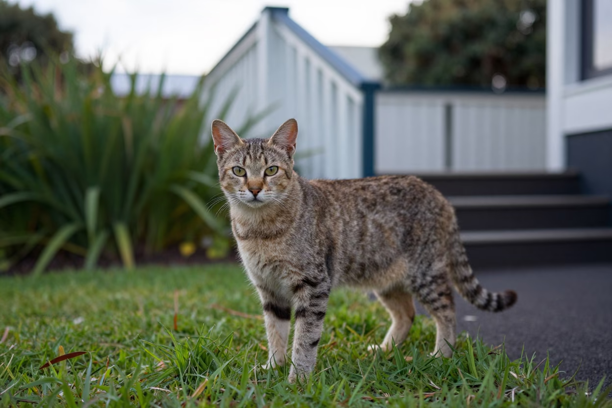 Lykoi Cat Portrait Garden Edge Morning Light in near a garden edge with soft morning light and an uncluttered background near Karangahape Road, Auckland