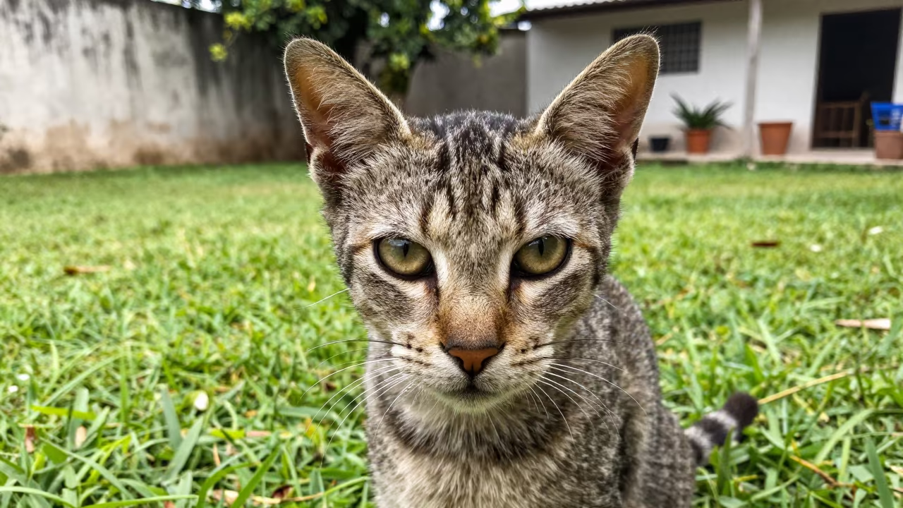 Lykoi Cat Portrait in Culiacán Yard in in a small yard with clipped grass, calm light, and the animal centered in frame near Culiacán