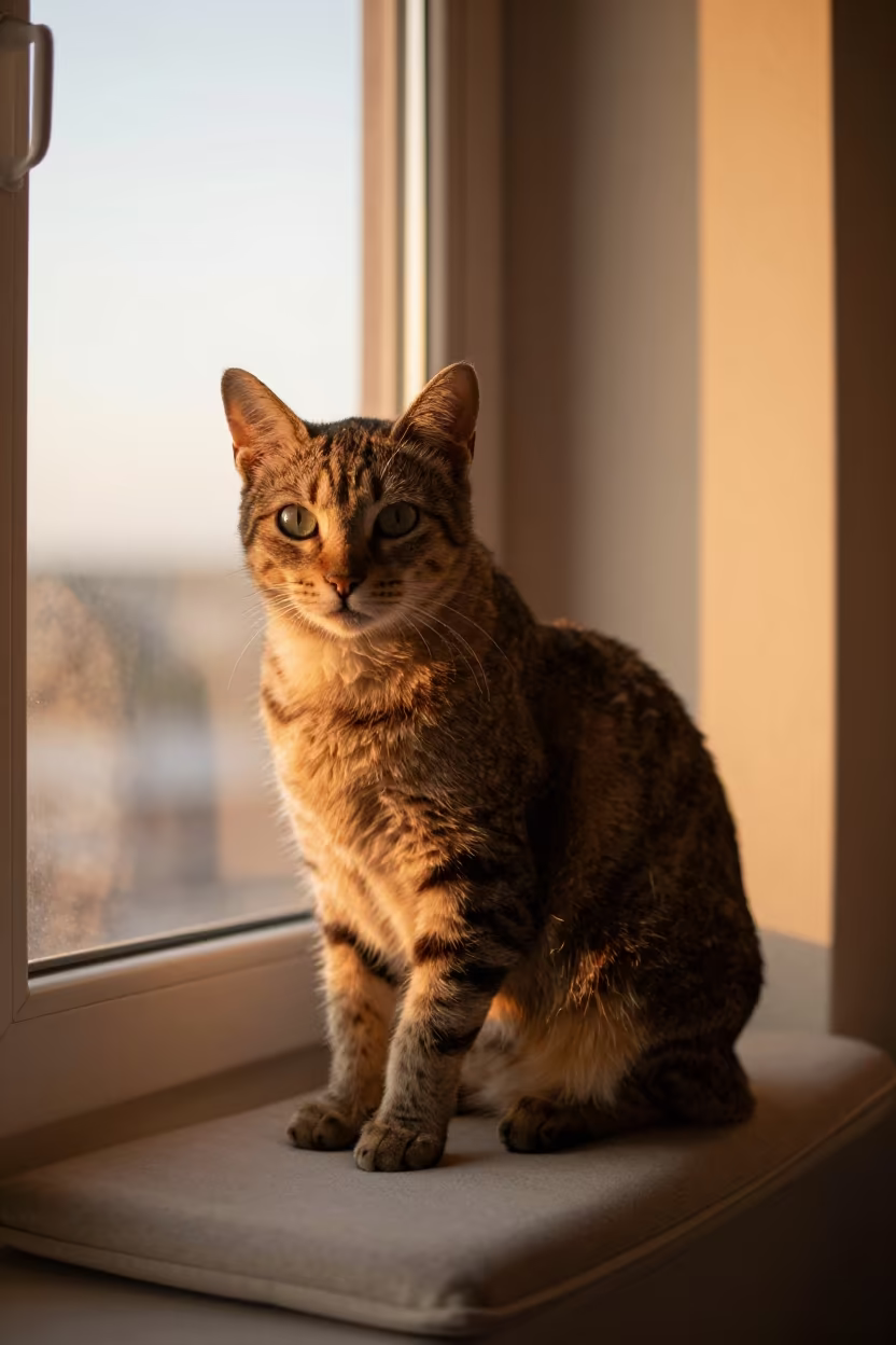 Lykoi Cat Portrait in Golden Window Light in on a cushioned window seat with soft side light and an uncluttered background in Lome