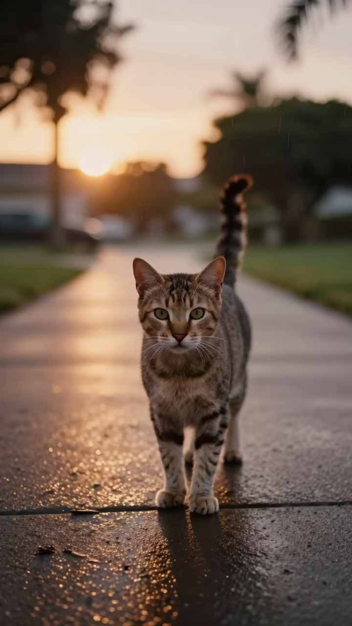 Lykoi Cat Portrait in San Diego Park Evening Rain in along a quiet park path with soft open shade and a clean background in San Diego