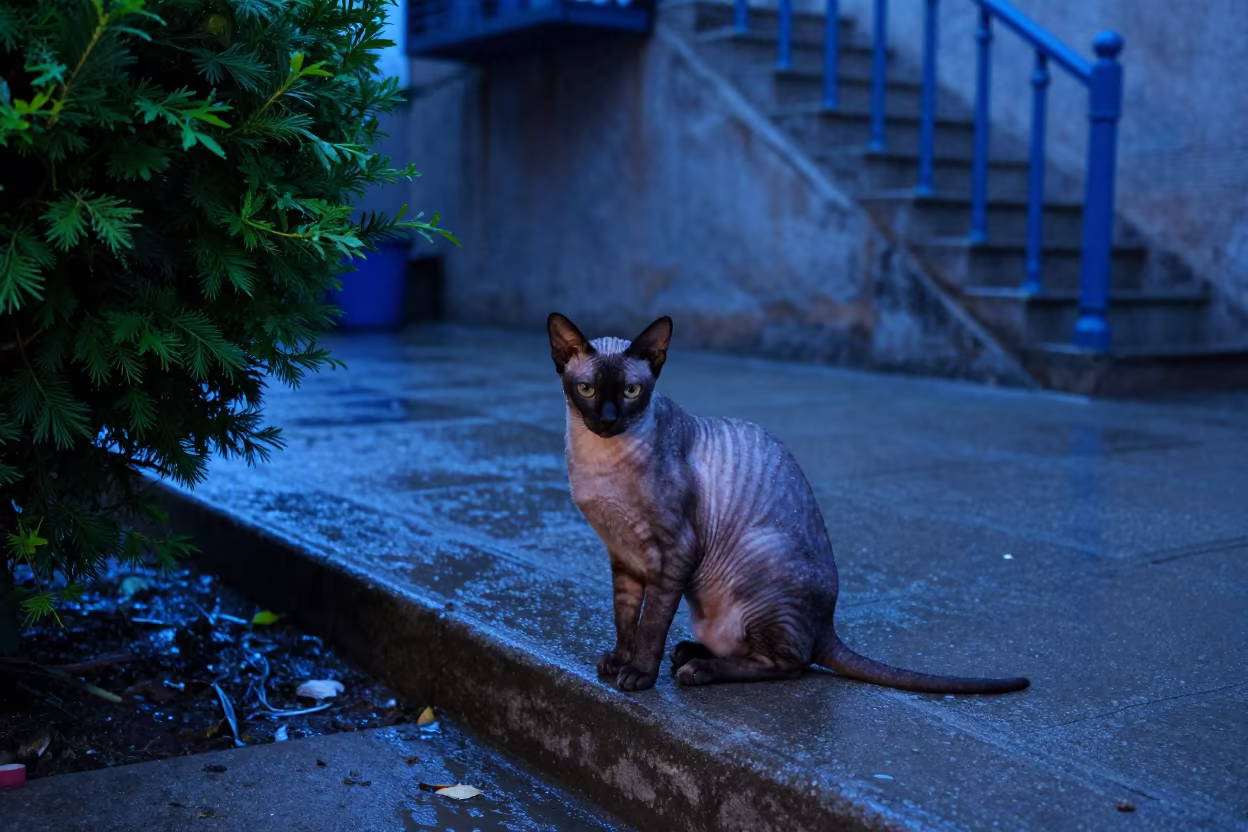 Lykoi Cat Portrait in Tehran Rain Twilight in in a small yard with clipped grass, calm light, and the animal centered in frame in Tehran