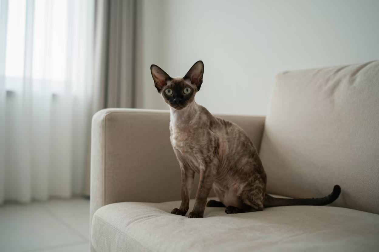 Lykoi Cat Portrait Near Window in Late Morning in on a sofa near a curtained window with calm indoor light near Van