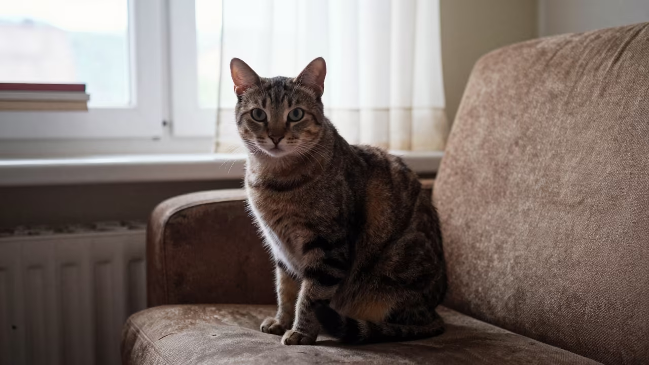 Lykoi Cat Portrait on Sofa Near Window in on a sofa near a curtained window with calm indoor light in Olsztyn