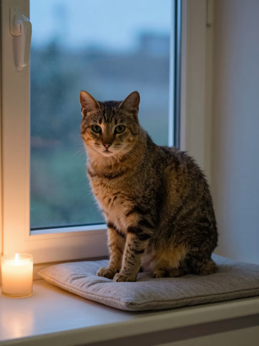 Lykoi Cat Portrait on Window Seat in Pinar del Río in on a cushioned window seat with soft side light and an uncluttered background in Pinar del Río