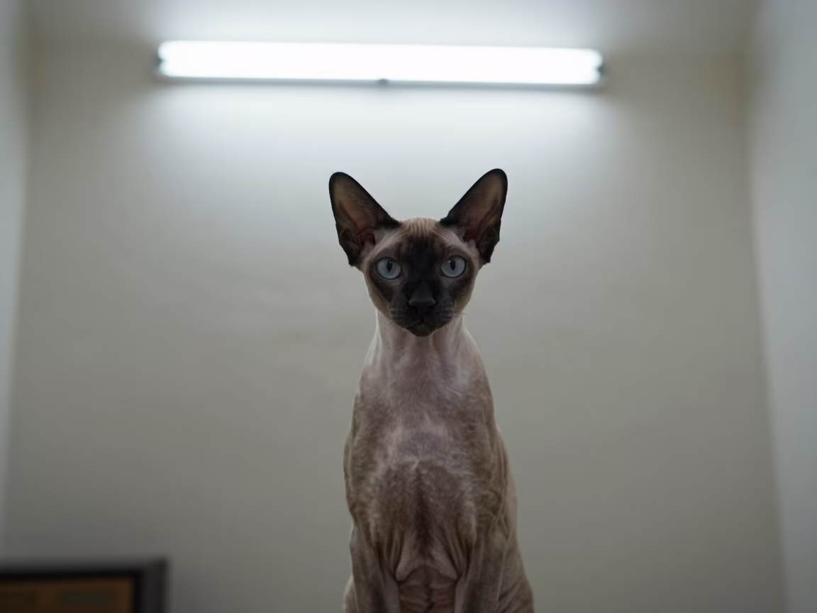 Lykoi Cat Portrait with Sparse Fur in Dera Ismail Khan in beside a plain plaster wall in soft indoor light with the animal centered in frame in Dera Ismail Khan