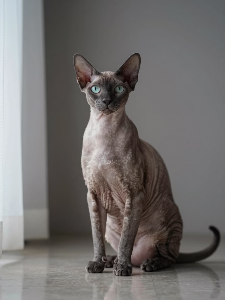 Lykoi Cat Portrait with Textured Fur and Studio Light in in a quiet portrait studio with a plain backdrop and eye-level framing in Victoria Seychelles