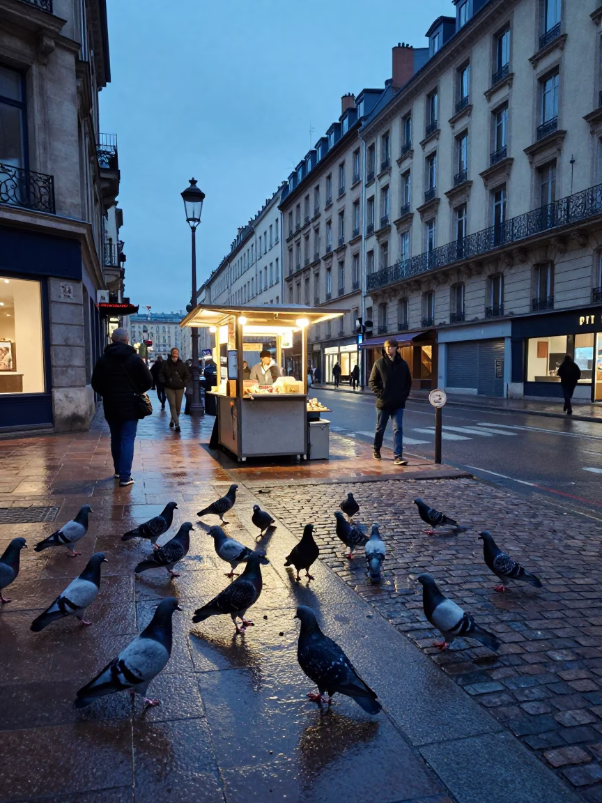 Lyon Blue Hour Street Scene with Pigeons and Local Life in in Lyon, France