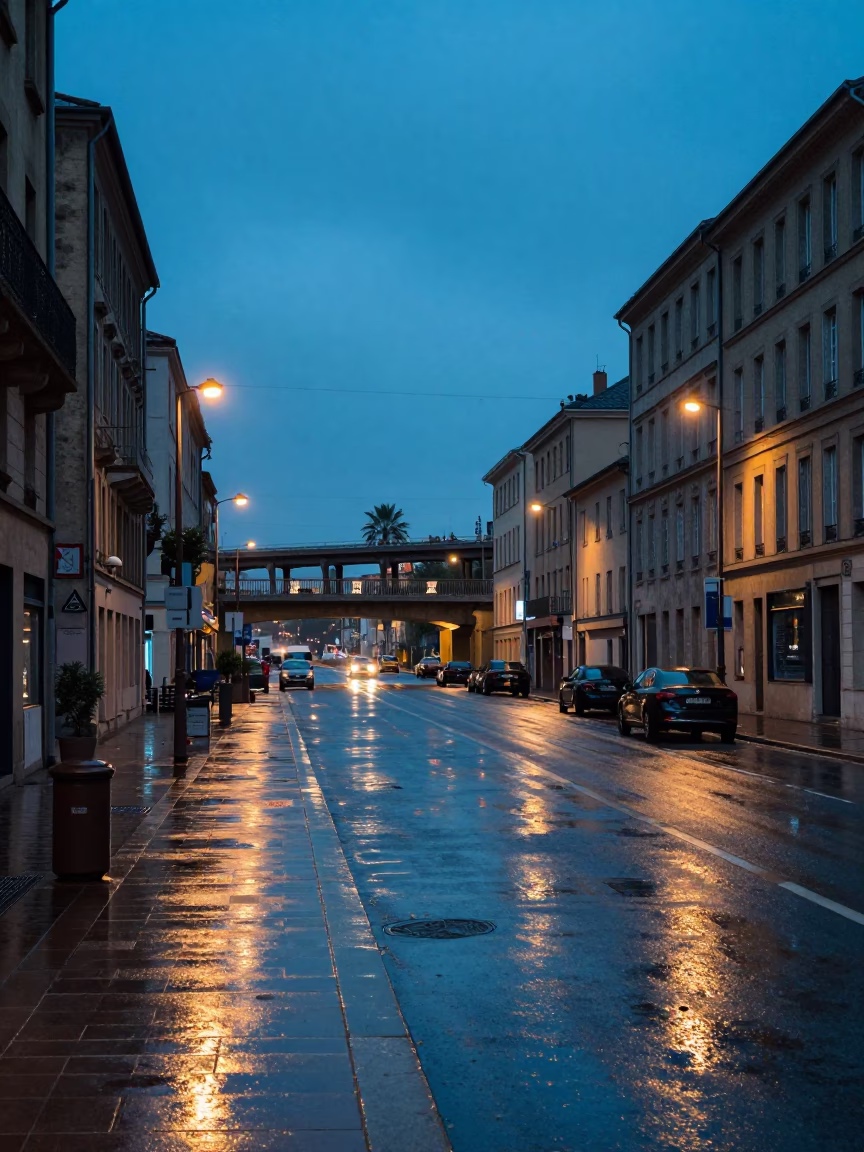 Lyon Blue Hour Street Scene with Rain-Slicked Pavement and Overpass Taillights in in Lyon, France
