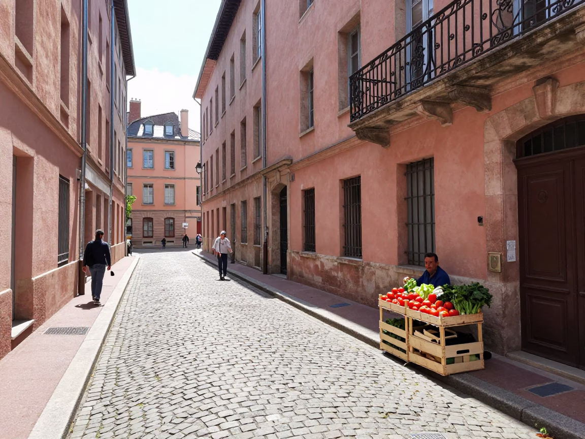 Lyon Cobblestone Street at Midday Light in in Lyon, France