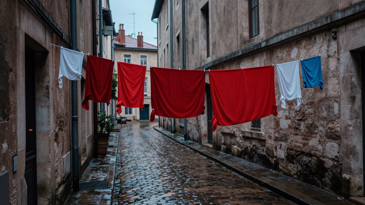 Lyon Dusk Rain Wet Cobblestones Laundry Lines and Wool Scarves in in Lyon, France