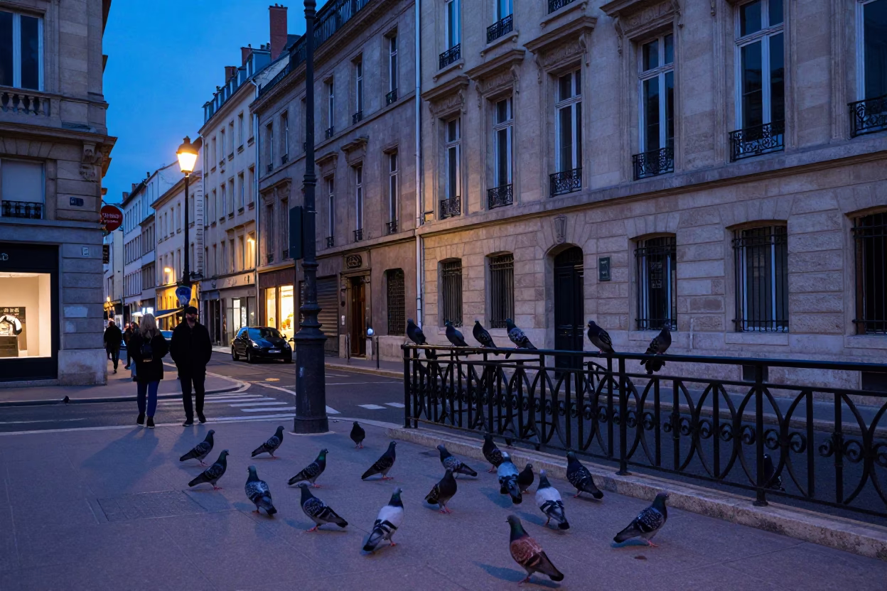 Lyon Evening Street Scene with Pigeons and Urban Details in Blue Light in in Lyon, France