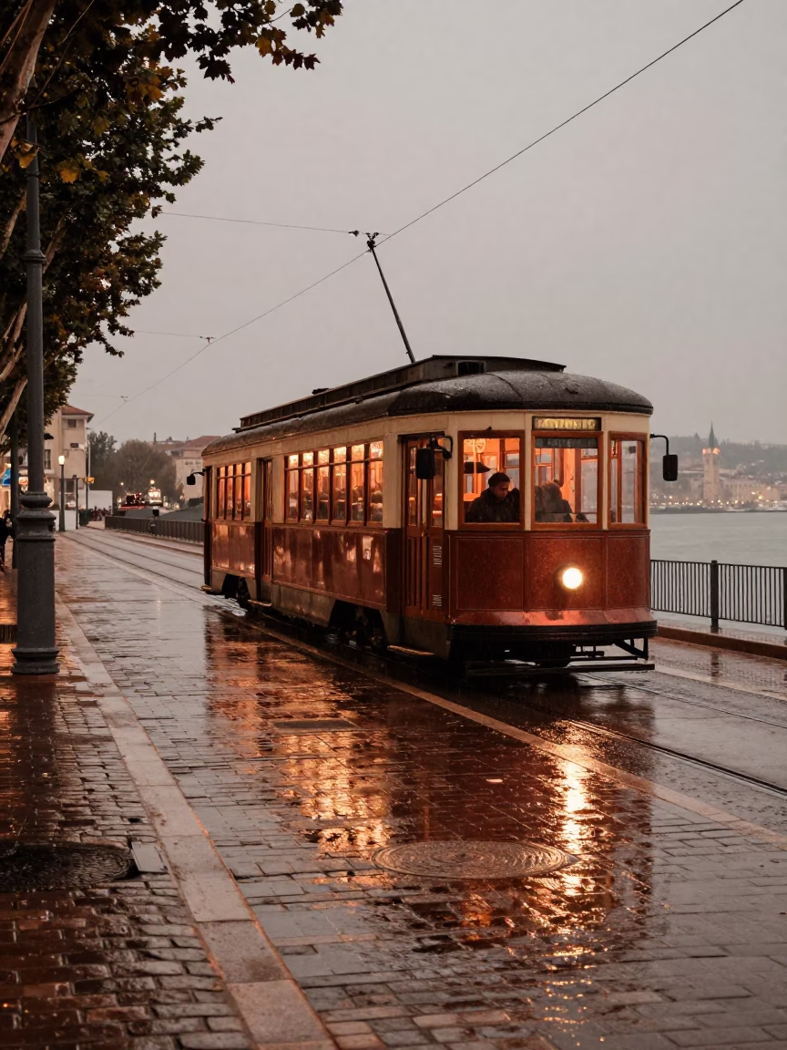 Lyon France Before Dusk Heritage Tram Rain Swept Coastal Promenade View in in Lyon, France