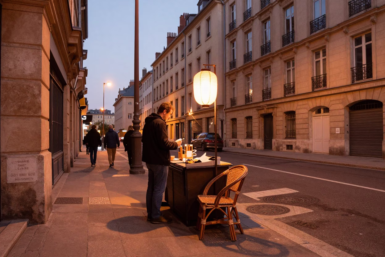 Lyon France Before Dusk Street Scene with Paper Lantern and Rattan Chair in in Lyon, France