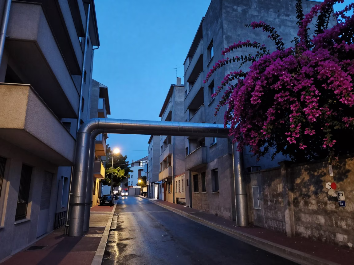 Lyon France Blue Hour Street Scene with District Heating Pipes and Bougainvillea in in Lyon, France