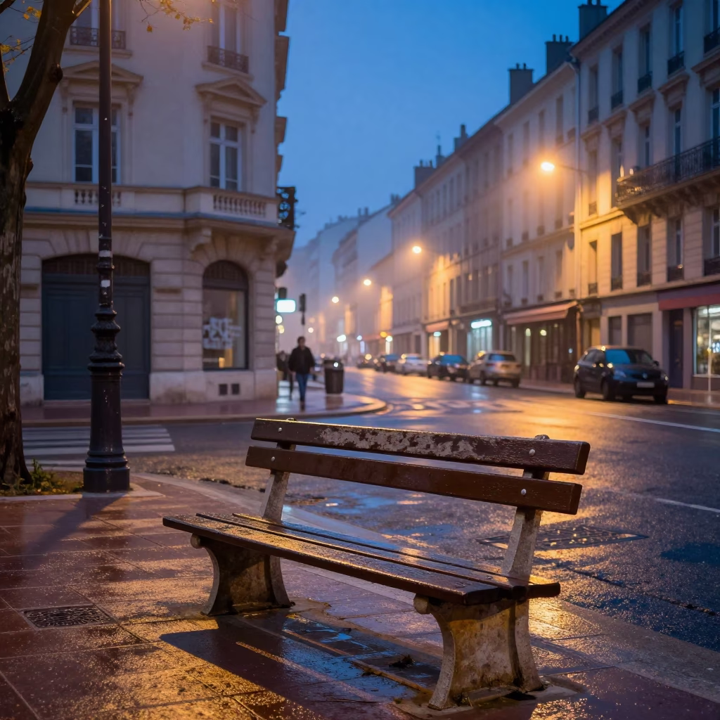 Lyon France Blue Hour Street Scene with Park Bench and Urban Details in in Lyon, France