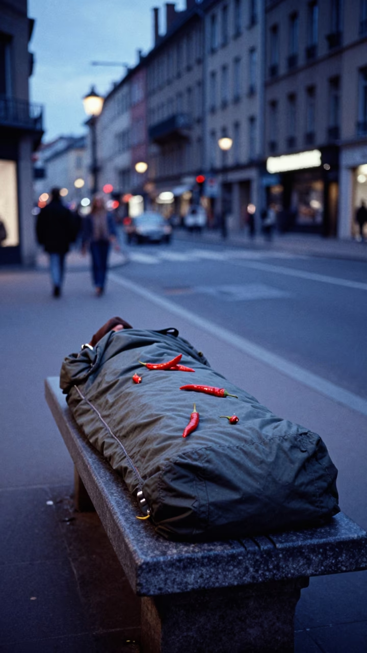 Lyon France blue hour street scene with sleeping bag and chili peppers in in Lyon, France