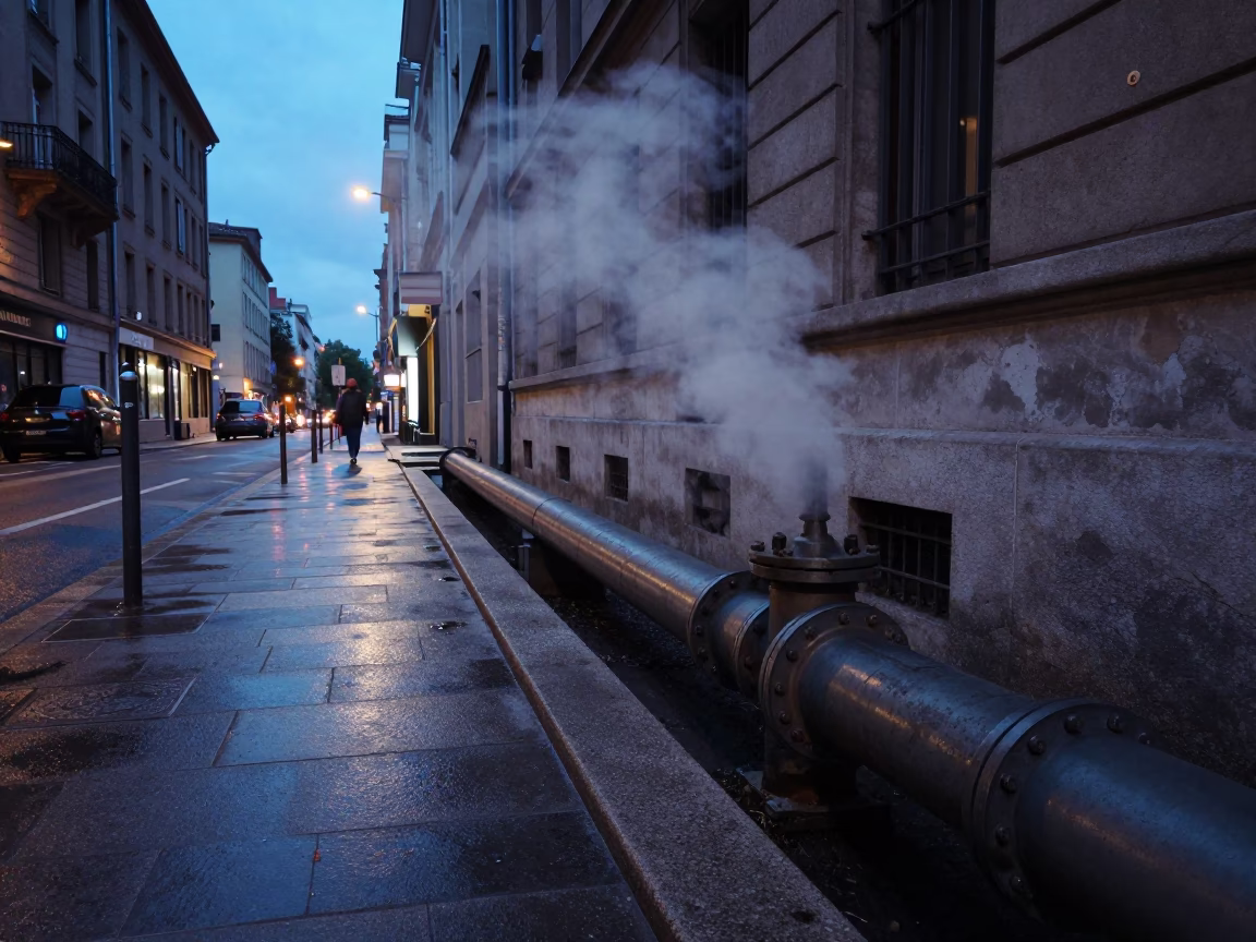 Lyon France Blue Hour Street Scene with Steaming District Heating Pipes and Autumn Leaves in in Lyon, France