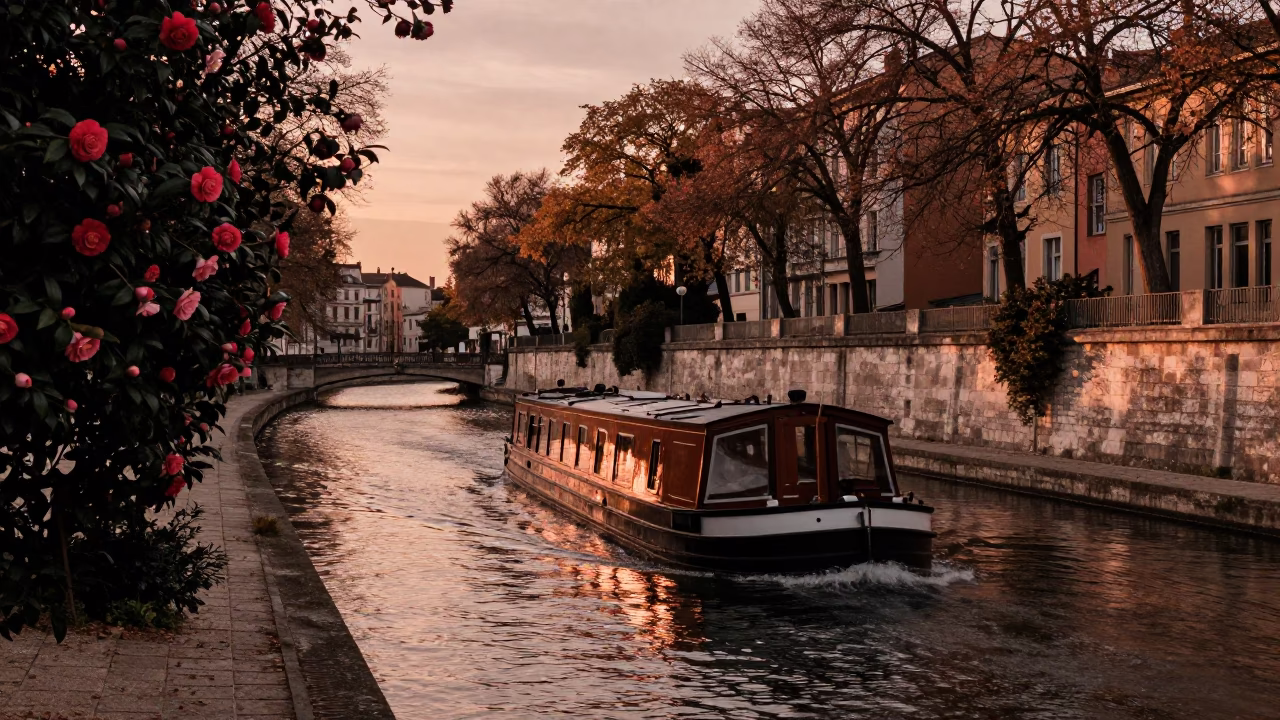 Lyon France copper-toned dusk barge canal camellia flowers in in Lyon, France