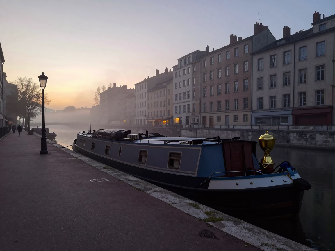 Lyon France Dawn Street Scene with Canal Barge and Brass Basin Detail in in Lyon, France