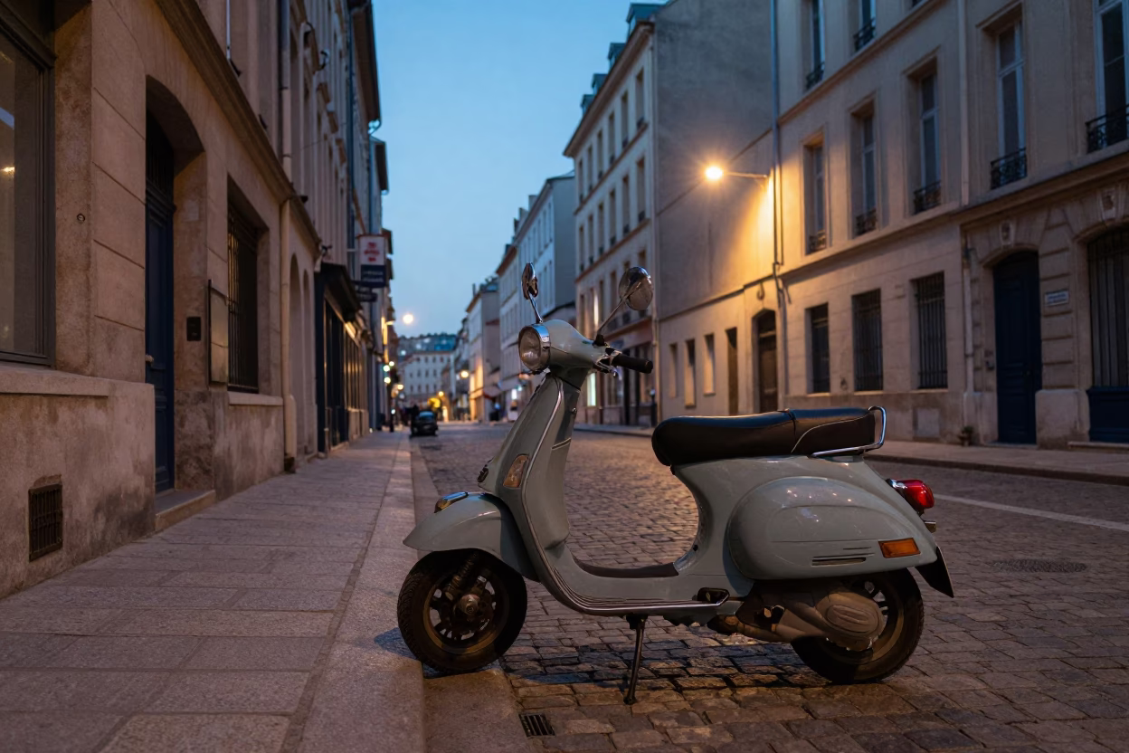 Lyon France Dawn Street Scene with Vintage Scooter and Coffee Shop Awning in in Lyon, France