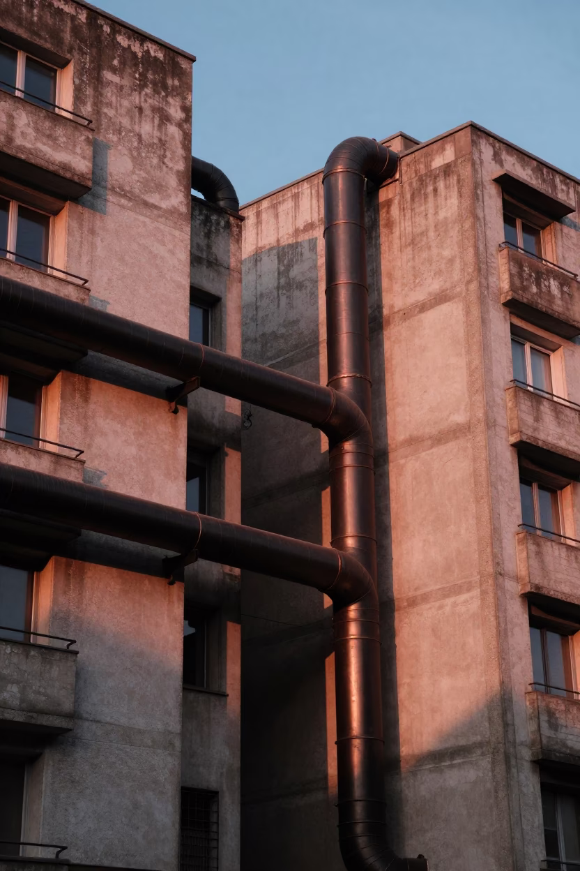 Lyon France District Heating Pipes Between Apartment Blocks Copper Dusk Light in in Lyon, France