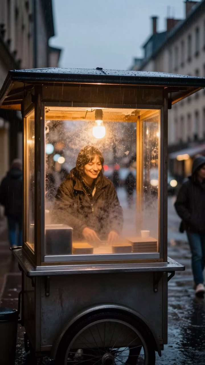 Lyon France Dusk Rain Street Vendor Smile with Fogged Glass and Ivy in in Lyon, France
