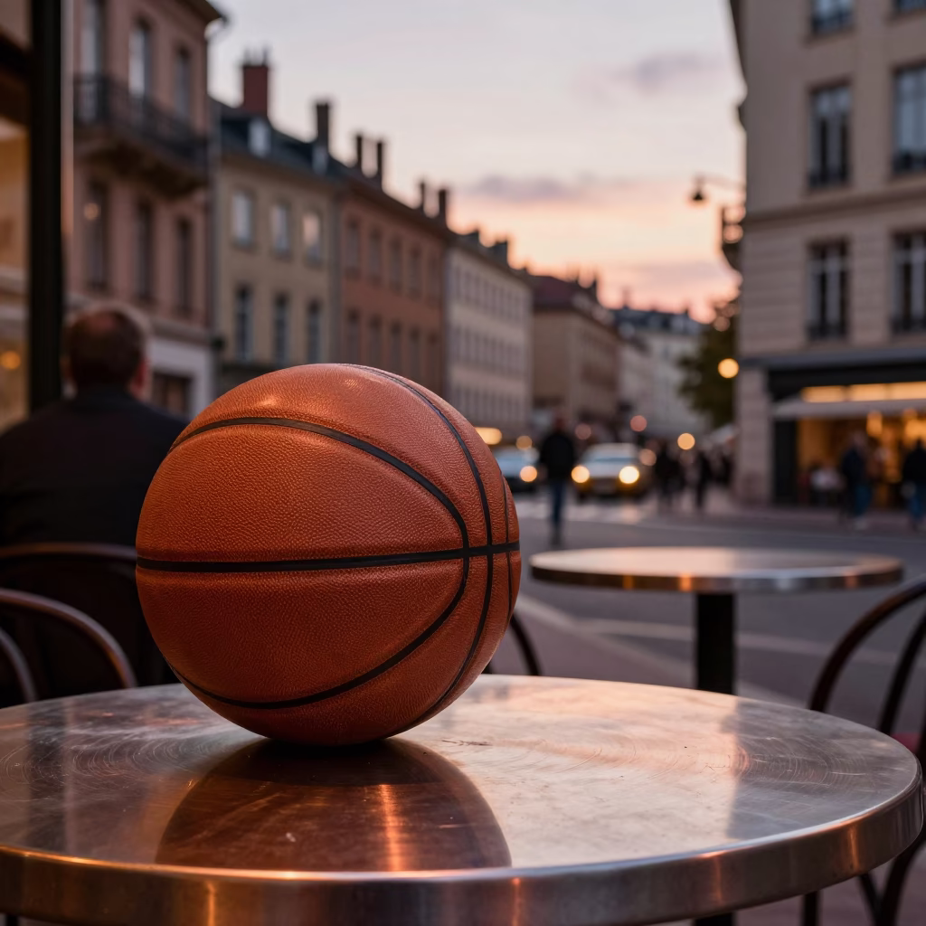 Lyon France Dusk Street Scene with Old Leather Basketball and Steel Tabletop in in Lyon, France