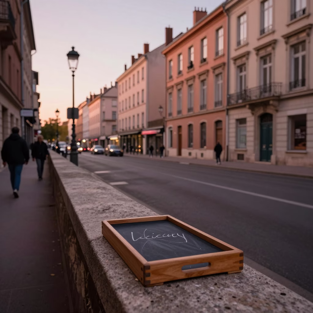 Lyon France Dusk Street Scene with University Chalk Tray and Local Architecture in in Lyon, France