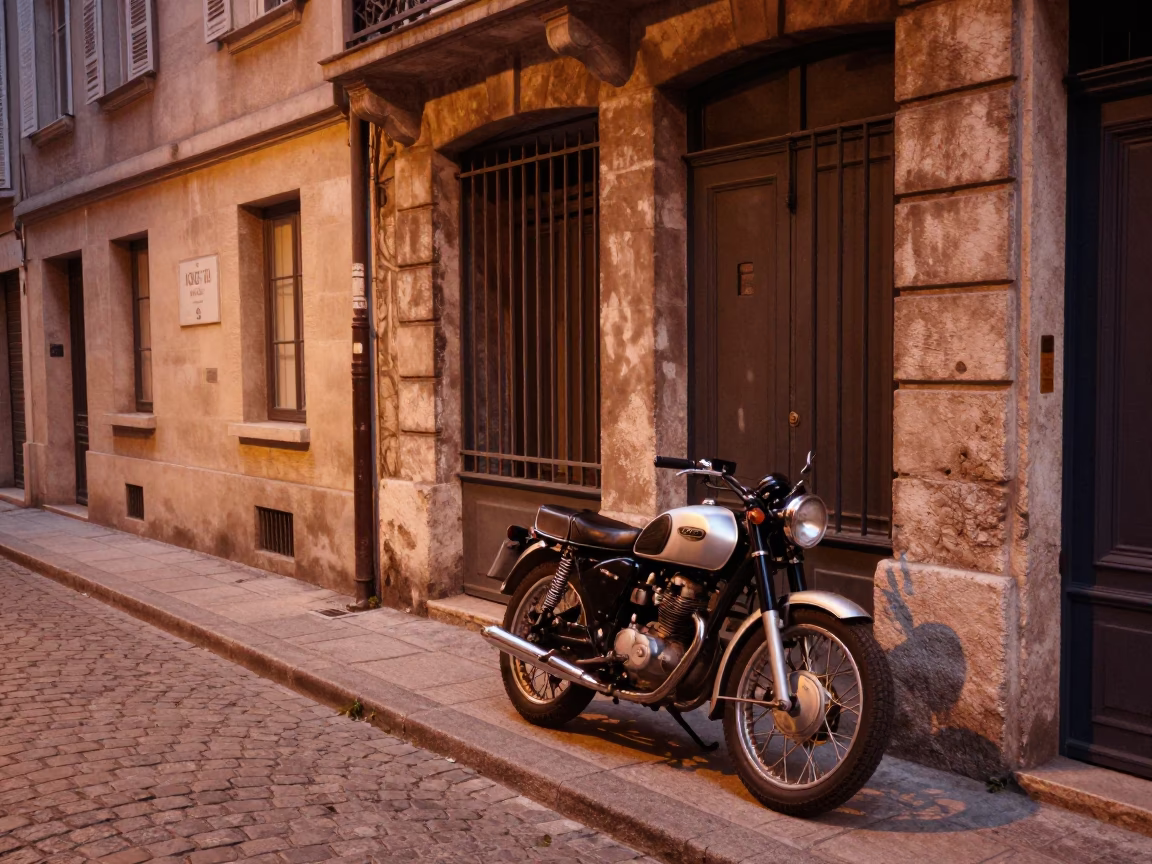 Lyon France Dusk Street Scene with Vintage Motorcycle and Gate Handle in in Lyon, France