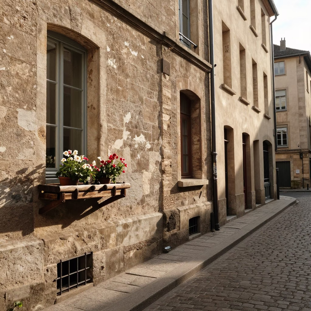 Lyon France Early Afternoon Street Scene with Window Box and Peg Rail in in Lyon, France