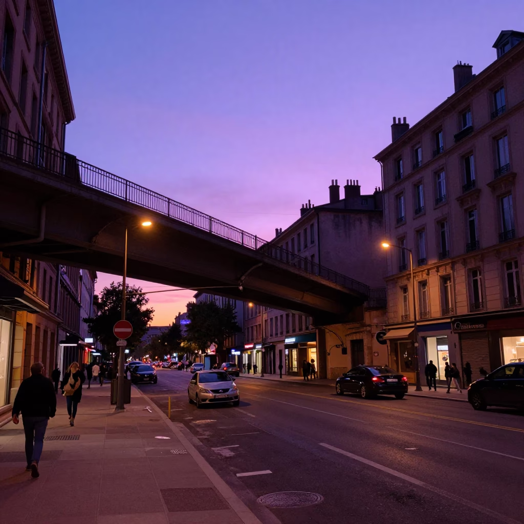 Lyon France Early Evening Street Scene with Overpass and Violet Sky in in Lyon, France