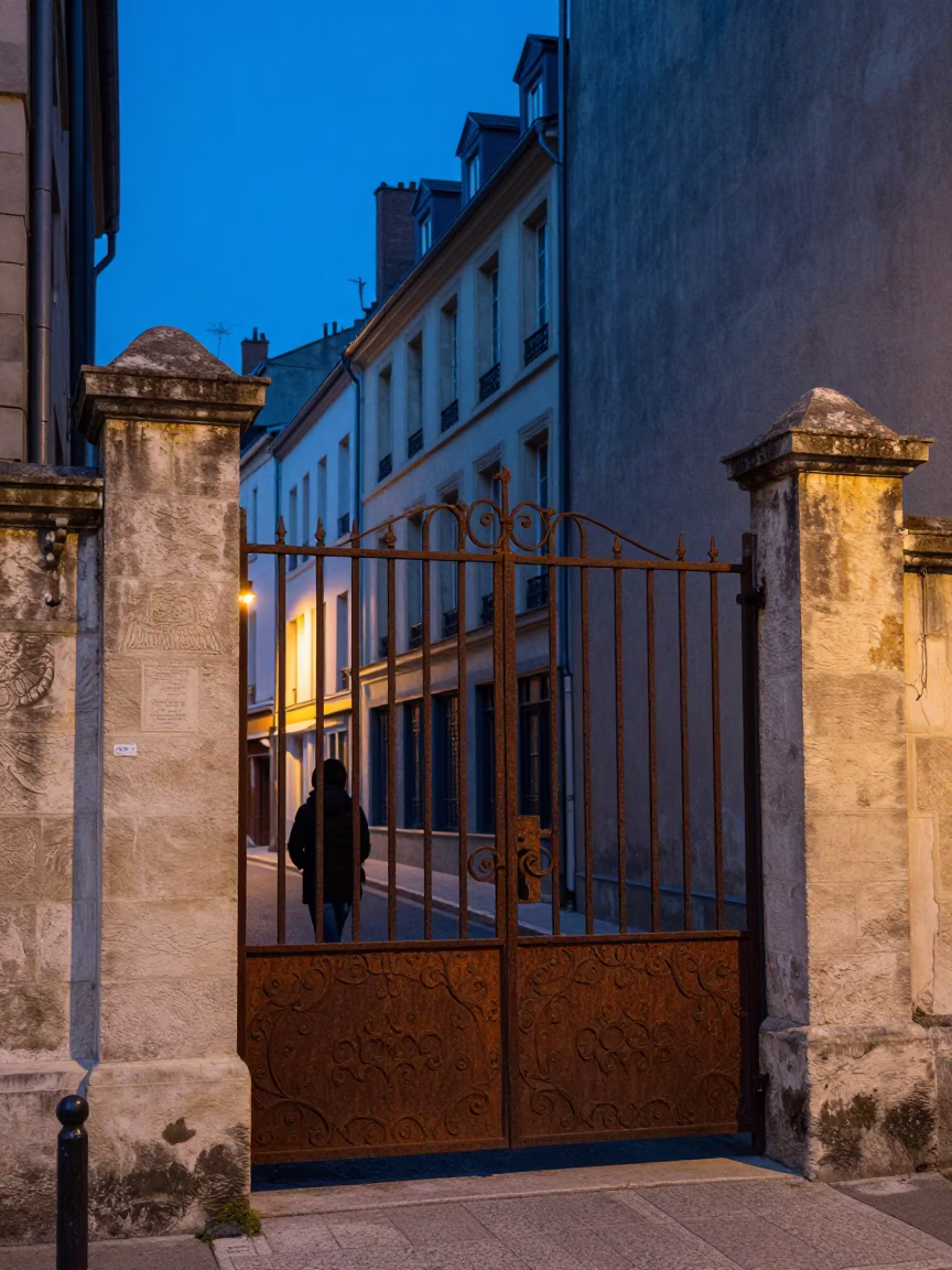 Lyon France Evening Blue Hour Street Scene with Rusty Gate Handle and Historic Architecture in in Lyon, France