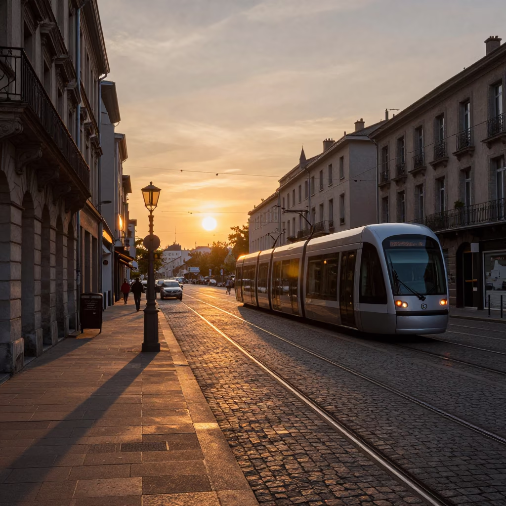 Lyon France evening light on traboules and tramway tracks near Part-Dieu in in Lyon, France