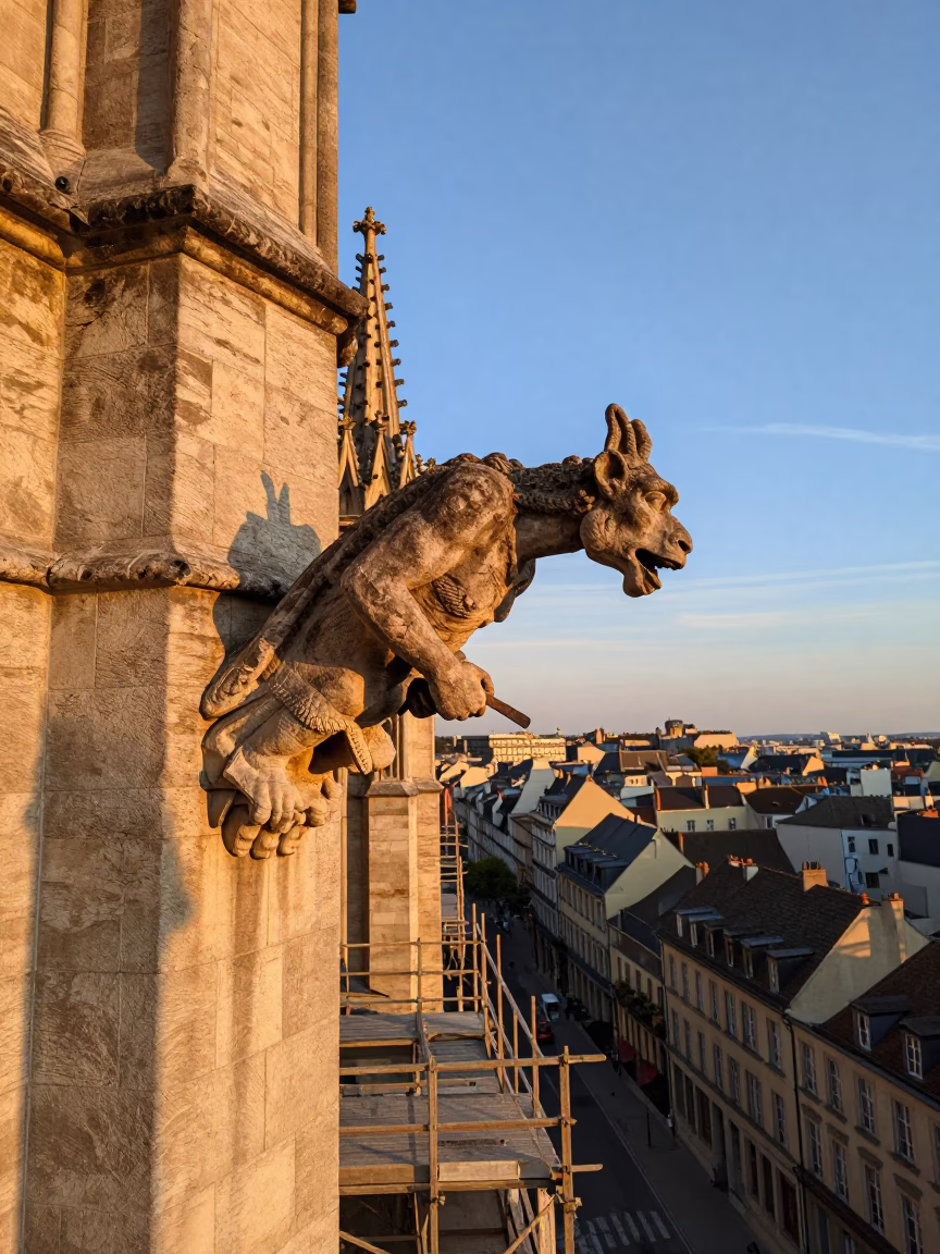 Lyon France Evening Light Stonemason Chiseling Gargoyle on Cathedral Scaffold in in Lyon, France