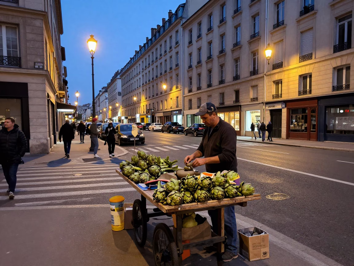 Lyon France Evening Street Scene with Artichoke Vendor and Clay Pot at Dusk in in Lyon, France