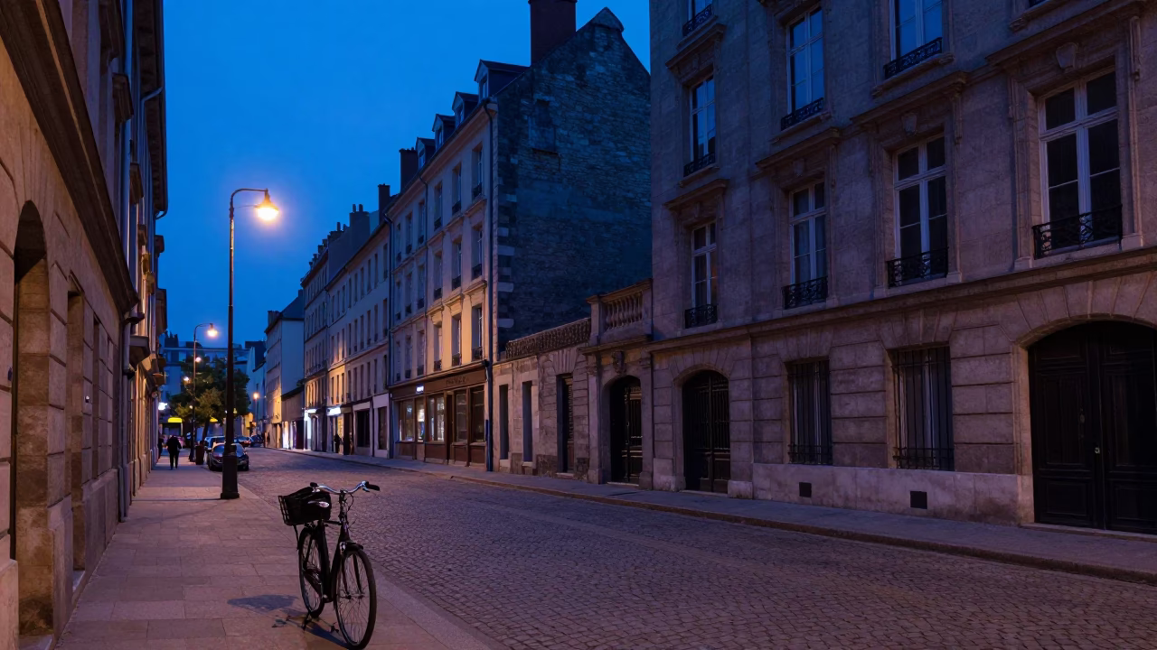 Lyon France Evening Street Scene with Bicycle Basket and Urban Life in in Lyon, France