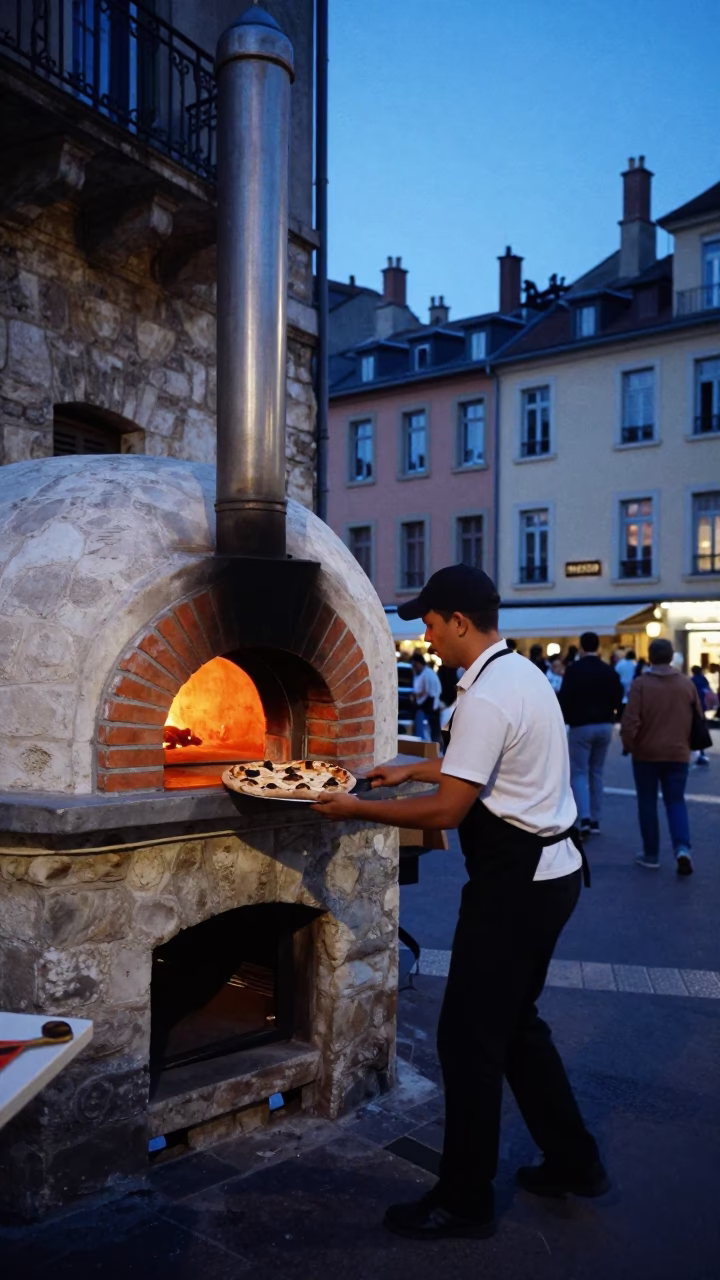 Lyon France Evening Street Scene with Brick Oven Pizza and Local Dining in in Lyon, France